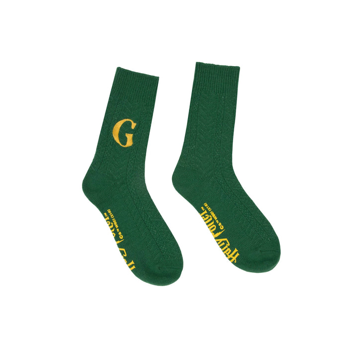 Pair of dark green crew socks with a cable knit texture. One sock displays a golden 'G', the other has 'Fred and George Weasley' in gold lettering. }}