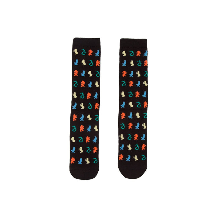 Pair of black crew socks with repeating pattern of Hogwarts house crests (lion, eagle, badger, snake) in teal, orange, yellow, and red. }}