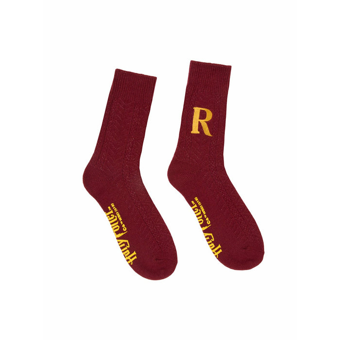 Pair of burgundy crew socks with a gold 'R' and subtle Harry Potter text. Cable knit texture. }}
