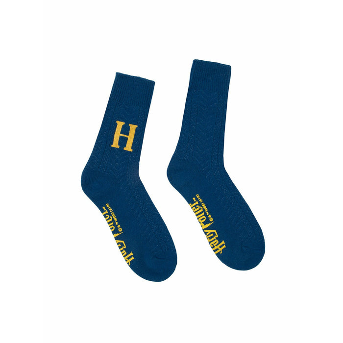 Pair of dark blue crew socks. One sock has a gold 'H', the other has 'Harry Potter' in gold lettering. Subtle textured pattern. }}