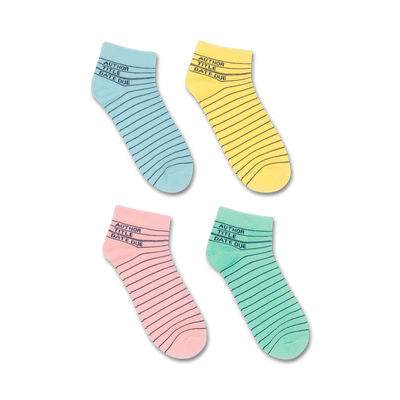 Four pairs of pastel-colored crew socks. Each sock has a library card design printed on it with the words: AUTHOR, TITLE, DATE DUE.