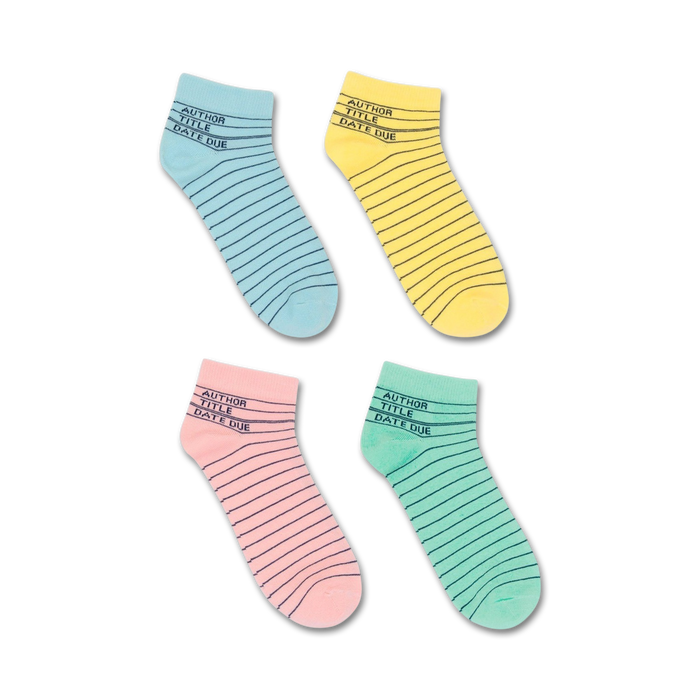 Four pairs of pastel-colored crew socks. Each sock has a library card design printed on it with the words: AUTHOR, TITLE, DATE DUE. }}