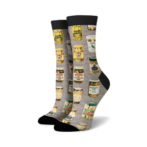 Crew socks with a gray background and a repeating pattern of vintage pickle jars in green, yellow, and black.