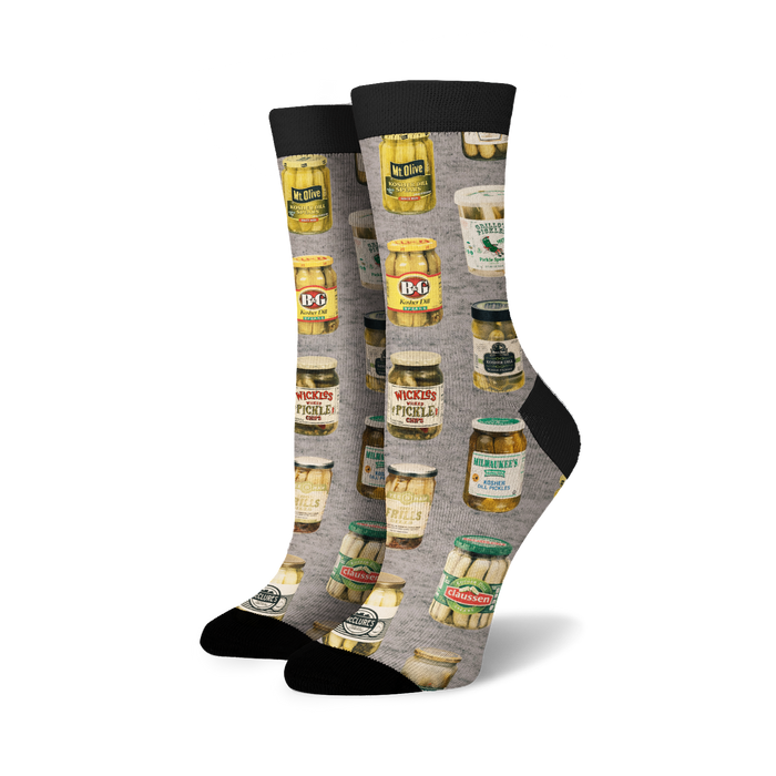 Crew socks with a gray background and a repeating pattern of vintage pickle jars in green, yellow, and black.