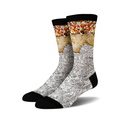 Pair of crew socks with a burrito design. The socks are primarily silver, depicting crumpled foil, with a detailed burrito image at the top.