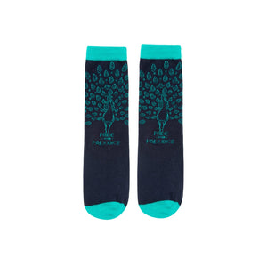 Pair of navy blue crew socks with teal accents and a peacock design. 'Pride and Prejudice' is subtly printed on each sock.