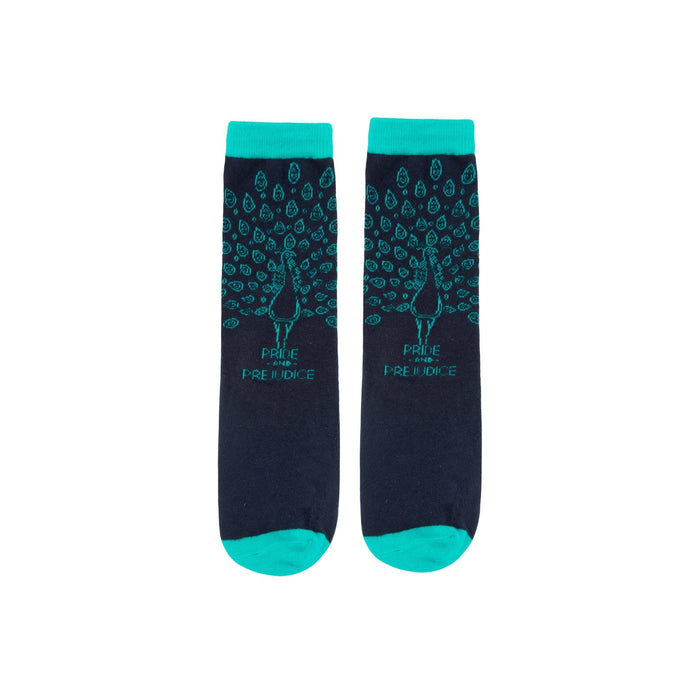 Pair of navy blue crew socks with teal accents and a peacock design. 'Pride and Prejudice' is subtly printed on each sock.