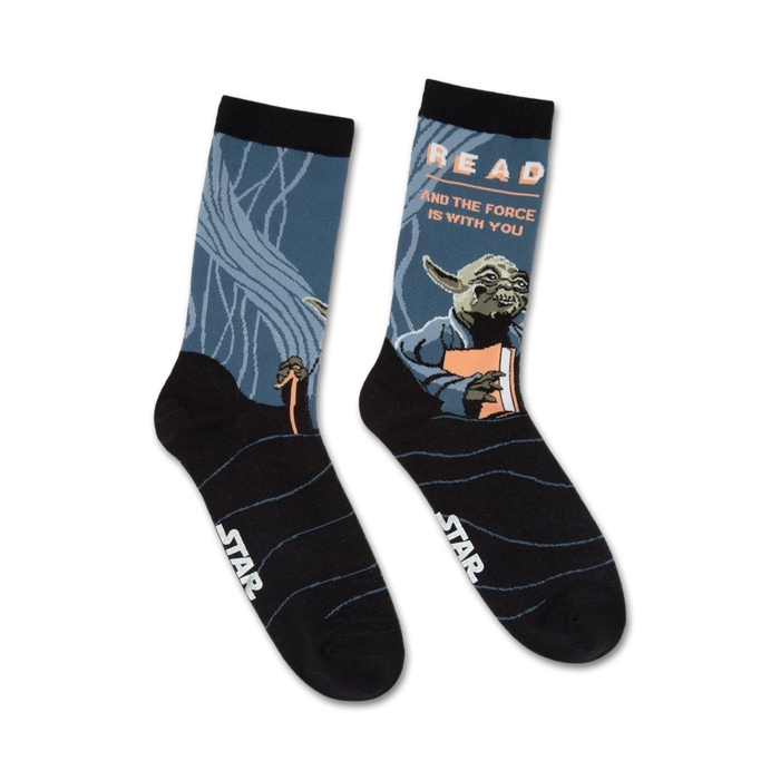 Crew socks in black, blue, and grey featuring Yoda reading a book with the text 'Read and the Force is with you'. }}