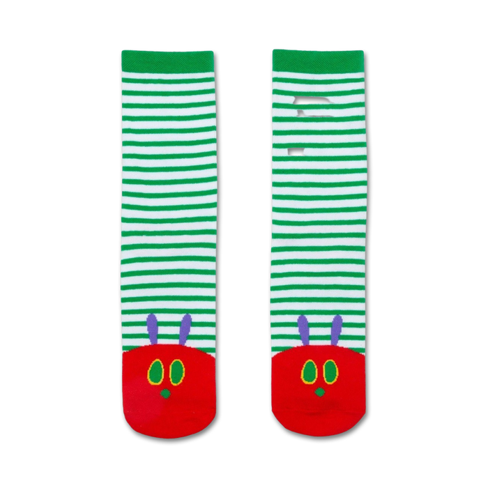 Pair of children's crew socks. Green and white stripes with a red Very Hungry Caterpillar face at the toes. Purple antennae and yellow eyes. }}