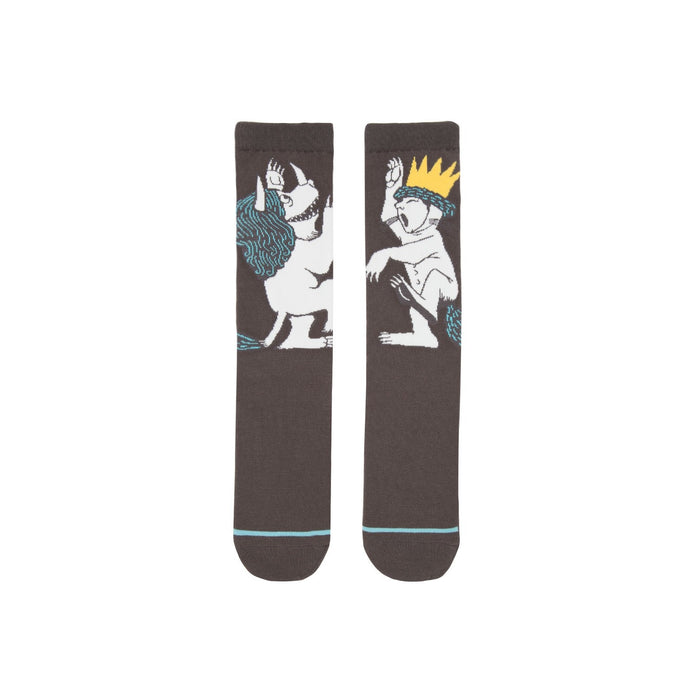 Pair of dark gray crew socks with a Where the Wild Things Are design. One sock shows the monster; the other, Max. }}