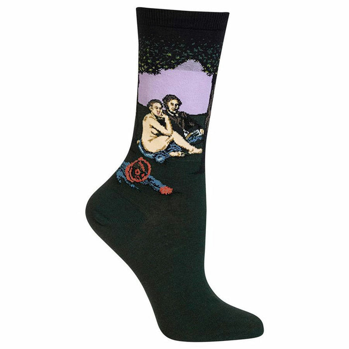 Dark green crew socks with a detailed image of Manet's Luncheon on the Grass, featuring a nude woman, a man in blue, and a tree in muted purples and greens. }}