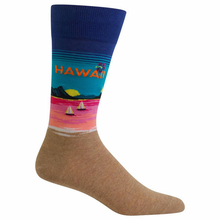 Crew socks in tan, blue, pink, and teal. The design showcases a beach scene with sailboats and the word 'Hawaii'. }}