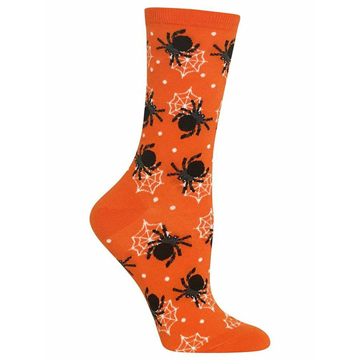 A side view of an orange crew sock. The sock has a pattern of black spiders and white spiderwebs on an orange background. }}
