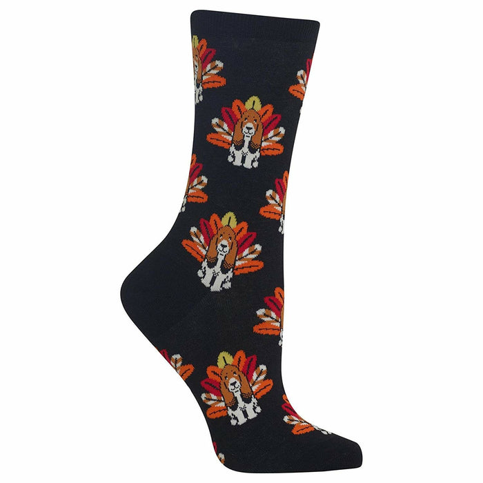 Crew socks, dark-colored, with a pattern of basset hounds dressed as turkeys. The turkeys are orange, red and yellow. }}