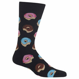 Black crew socks with a fun pattern of pink, blue, and chocolate glazed donuts.