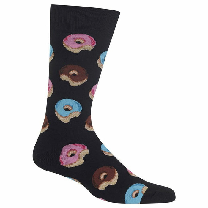 Black crew socks with a fun pattern of pink, blue, and chocolate glazed donuts.