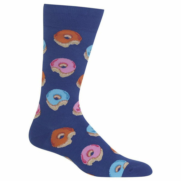 Lifestyle shot of a person's feet wearing the blue donut socks.