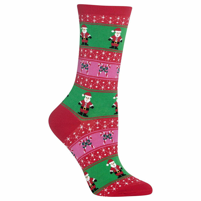 Crew socks in red, green, and pink. Fair Isle pattern features Santa Claus, candy canes, and snowflakes. }}