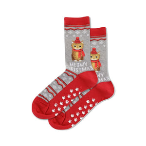 meowy christmas non-skid slipper christmas themed womens grey novelty crew socks