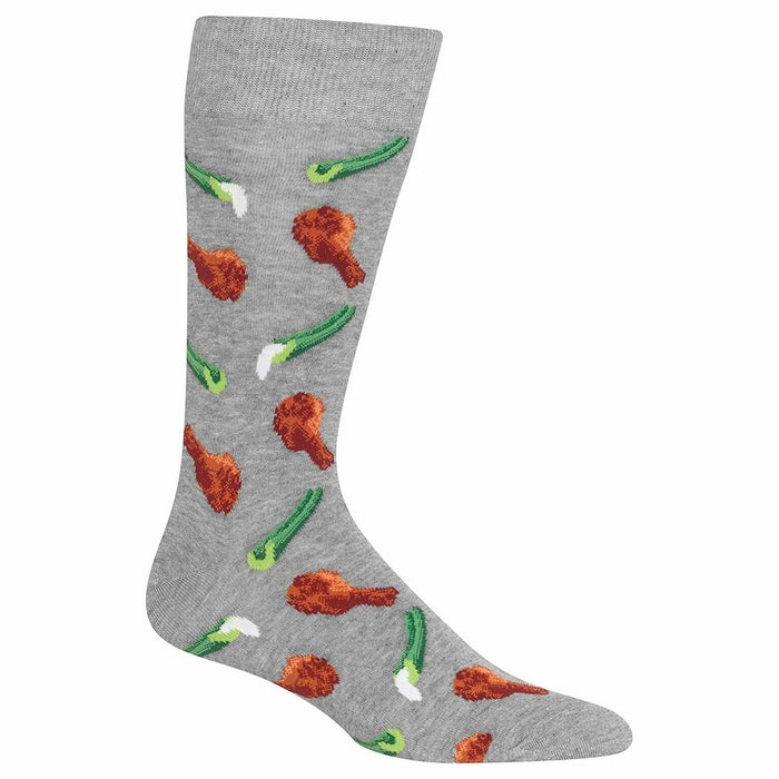 Grey crew socks with a fun pattern of cartoon chicken wings and celery. The design is playful and colorful, perfect for adding a fun touch to your style. }}
