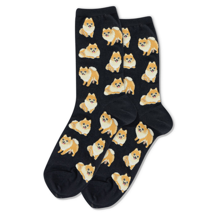 Pair of black crew socks with a repeating pattern of orange-tan Pomeranian dogs. }}