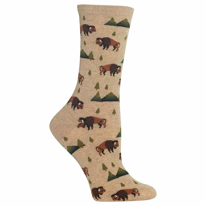 Crew socks in beige with a repeating pattern of brown bison and small green mountain shapes.  }}