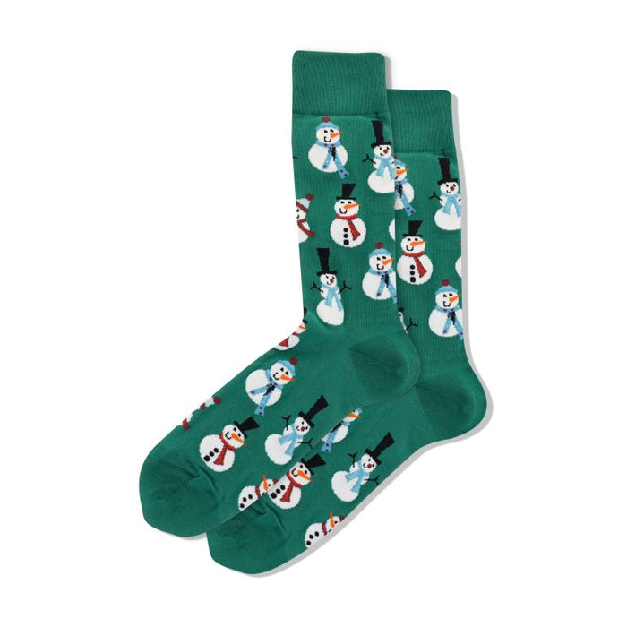 Pair of crew socks; green and red options shown; features a repeating pattern of friendly snowmen wearing hats and scarves.