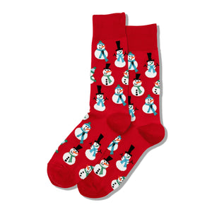 Close-up of red crew socks with snowman pattern.