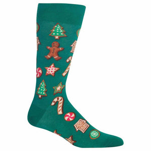 Crew socks in teal and black with a whimsical Christmas cookie design. Gingerbread men, candy canes, stars, and Christmas trees decorate the socks.