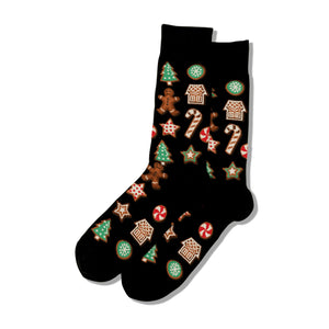 Pair of black Christmas Cookie socks shown flat.