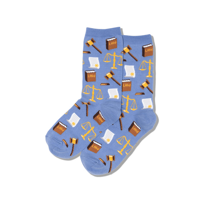 Pair of periwinkle blue crew socks.  A repeating pattern of gold scales of justice, brown gavels, and small legal documents is visible. }}