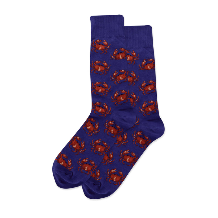 Pair of purple crew socks with a repeating pattern of reddish-brown crabs. The crabs are detailed and the socks are folded. }}