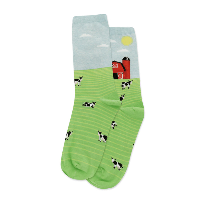 Crew socks with a light blue sky, red barn, and green field with black and white cows.  }}