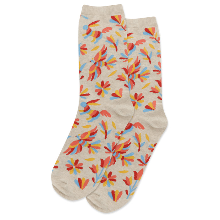 Pair of beige crew socks.  Colorful stylized birds and flowers are visible against a light beige background. }}