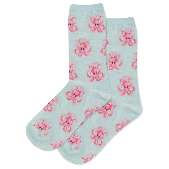 Pair of crew socks, light blue with a repeating pattern of pink cartoon octopuses. }}