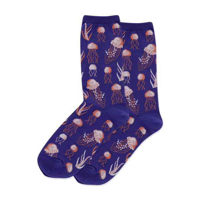 Pair of purple crew socks featuring a repeating pattern of orange and white jellyfish and seaweed. }}