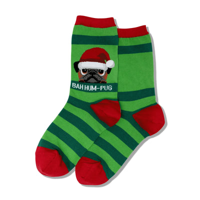 Pair of green and red striped crew socks. A pug wearing a Santa hat is shown on the socks with the text 'Bah Hum-Pug'.