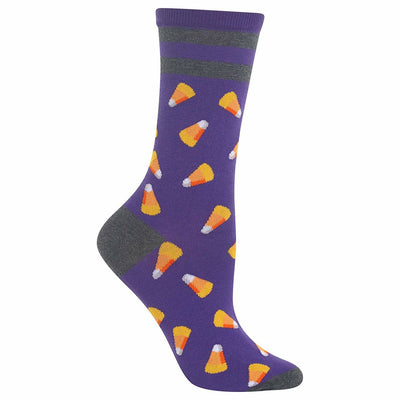 Crew socks in purple with a gray cuff and toe. The socks feature a repeating pattern of small, illustrated candy corn.