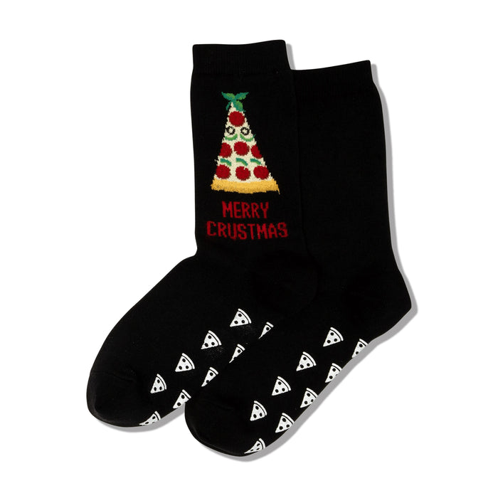 A pair of black non-skid slipper socks. They feature a Christmas tree-shaped pizza graphic and the words 'Merry Crustmas'. The soles are decorated with small pizza slice patterns. }}
