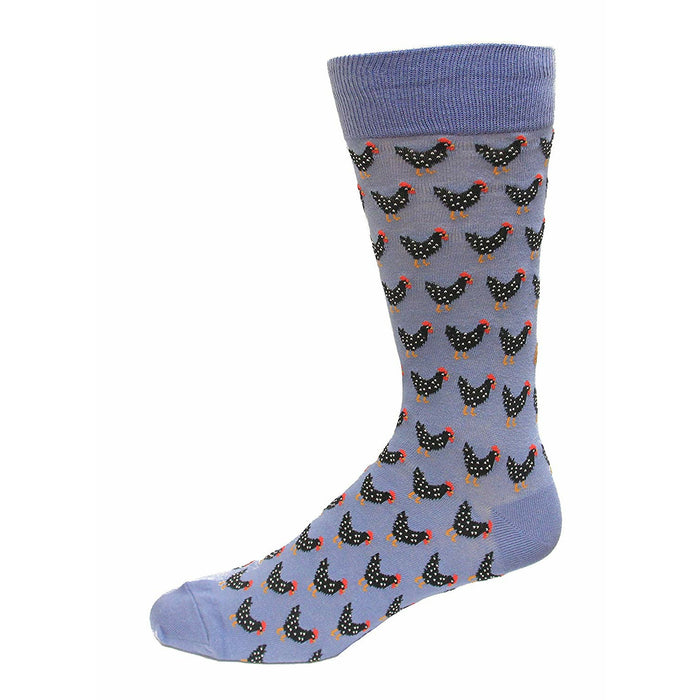 Crew socks in periwinkle blue with a repeating pattern of illustrated black chickens. }}