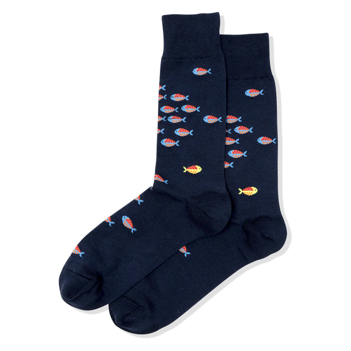 Pair of navy blue crew socks featuring a pattern of small, colorful fish in orange, red, and blue. A few yellow fish are also visible. }}
