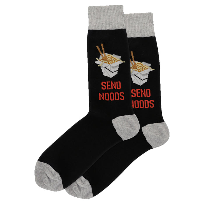 Pair of black crew socks with grey cuffs.  The socks feature a design of takeout containers with noodles and chopsticks and the text 'Send Noods'. }}