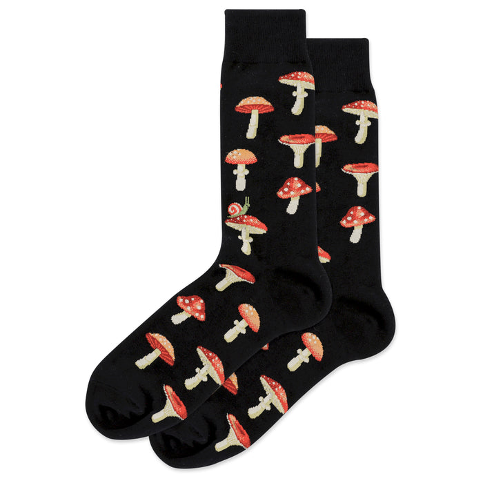 A pair of black crew socks with a repeating pattern of red and white mushrooms and a small snail. }}