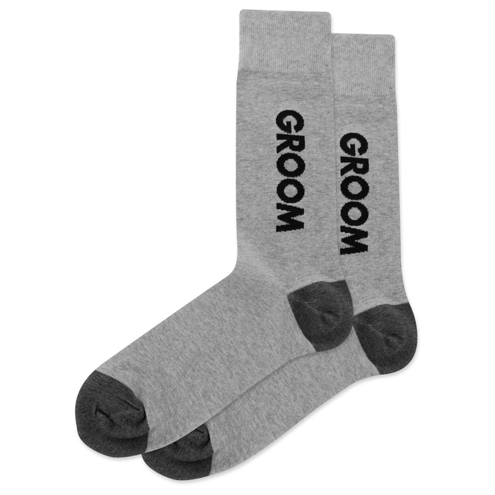 Pair of men's gray crew socks with dark gray heel and toe. The word