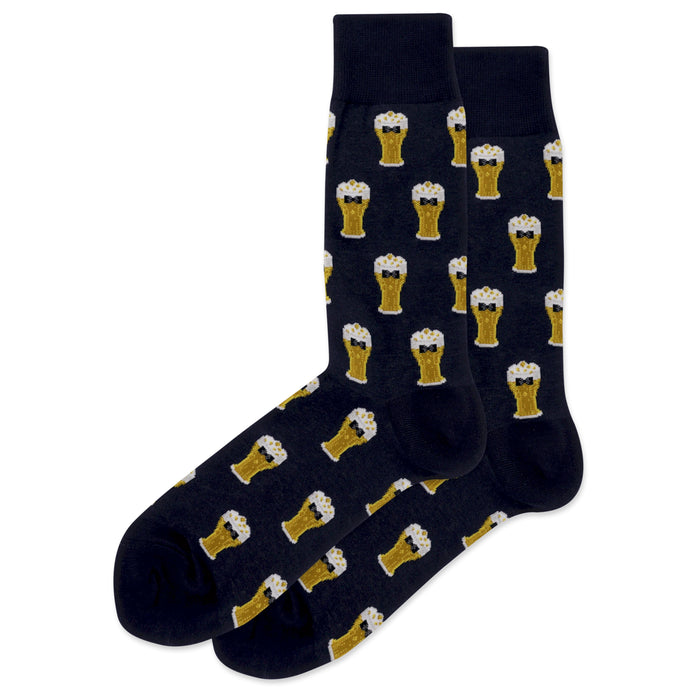 Pair of navy blue crew socks with a repeating pattern of gold beer glasses wearing bow ties. }}