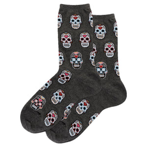 Pair of gray crew socks with a repeating pattern of colorful pixelated sugar skulls.