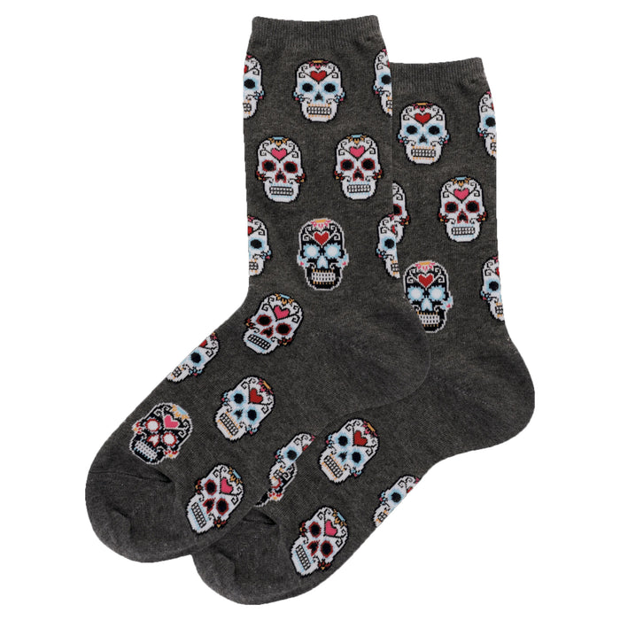 Pair of gray crew socks with a repeating pattern of colorful pixelated sugar skulls.