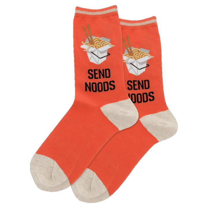 Pair of coral-orange crew socks with a repeated image of a takeout noodle container and the phrase 'Send Noods' printed on them.  The cuffs and toes are beige.