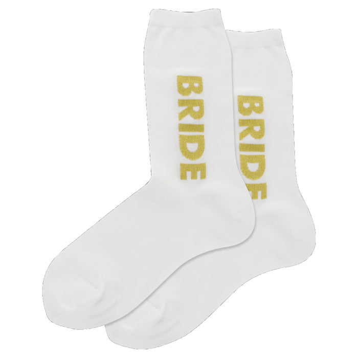 Pair of white crew socks with vertically printed gold 'BRIDE' text. The gold lettering has a sparkly texture. }}