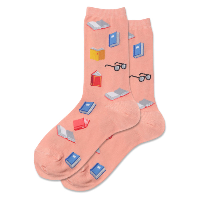 Pair of women's crew socks, light pink with a pattern of colorful illustrated books and glasses. }}